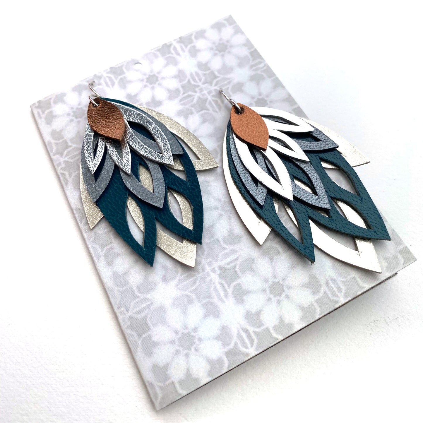 Teal and Metallic Leather Leaf Earrings