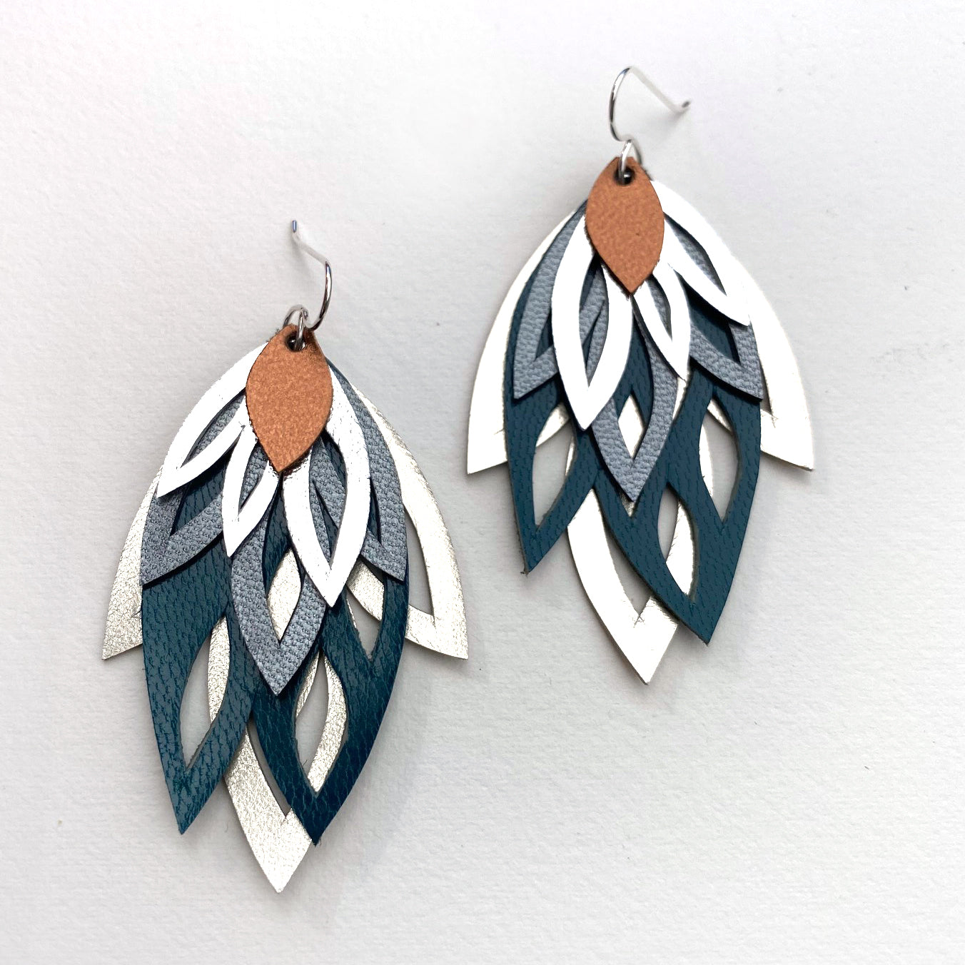 Teal and Metallic Leather Leaf Earrings