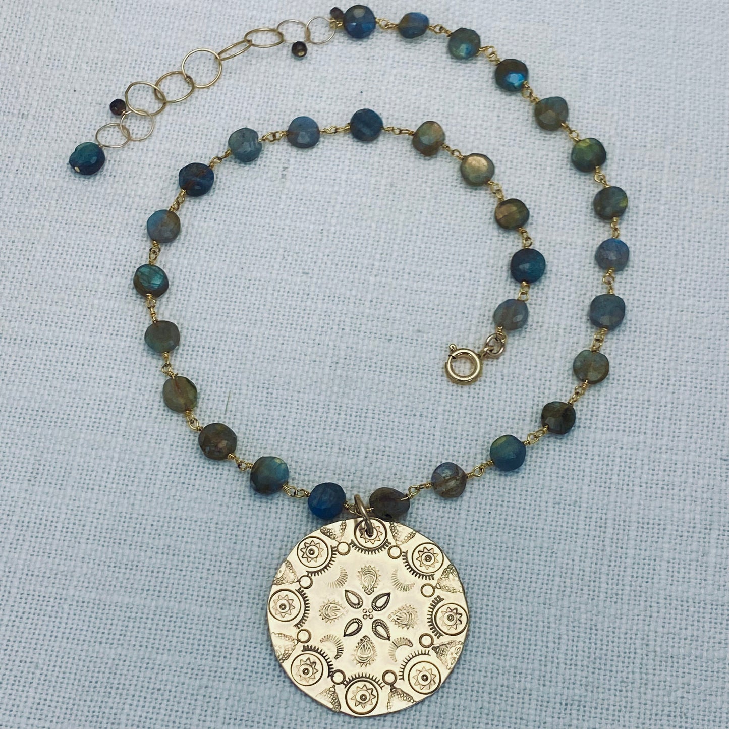 Stamped Golden Mandala Labradorite Necklace