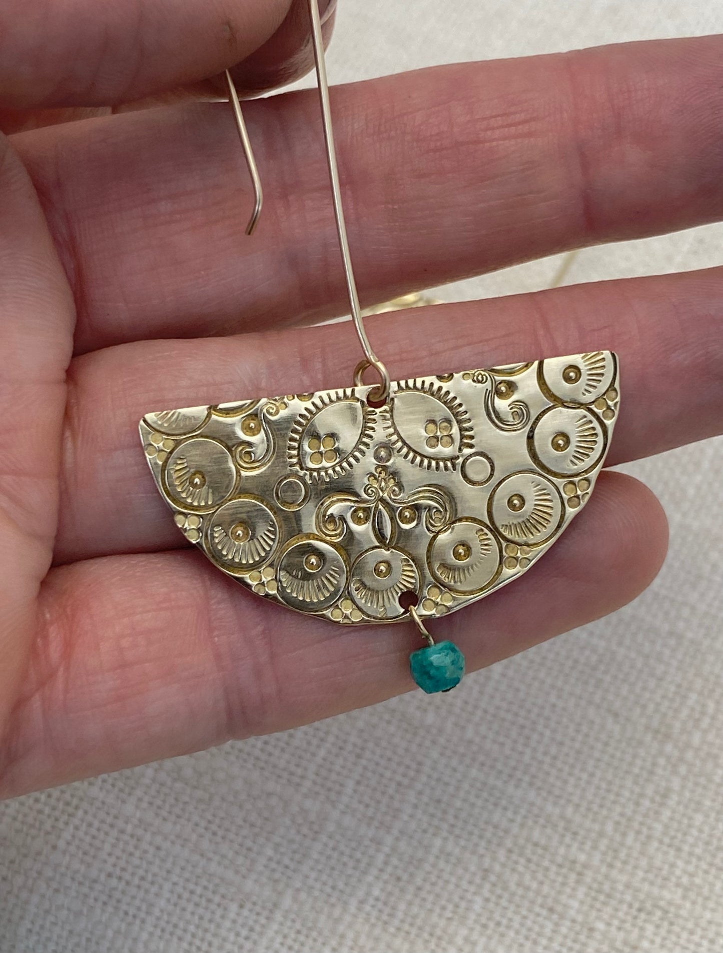 Stamped Half Mandala Earrings with Turquoise