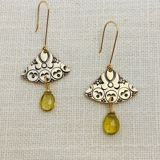 Stamped Golden Tear Drop Hammered Earrings