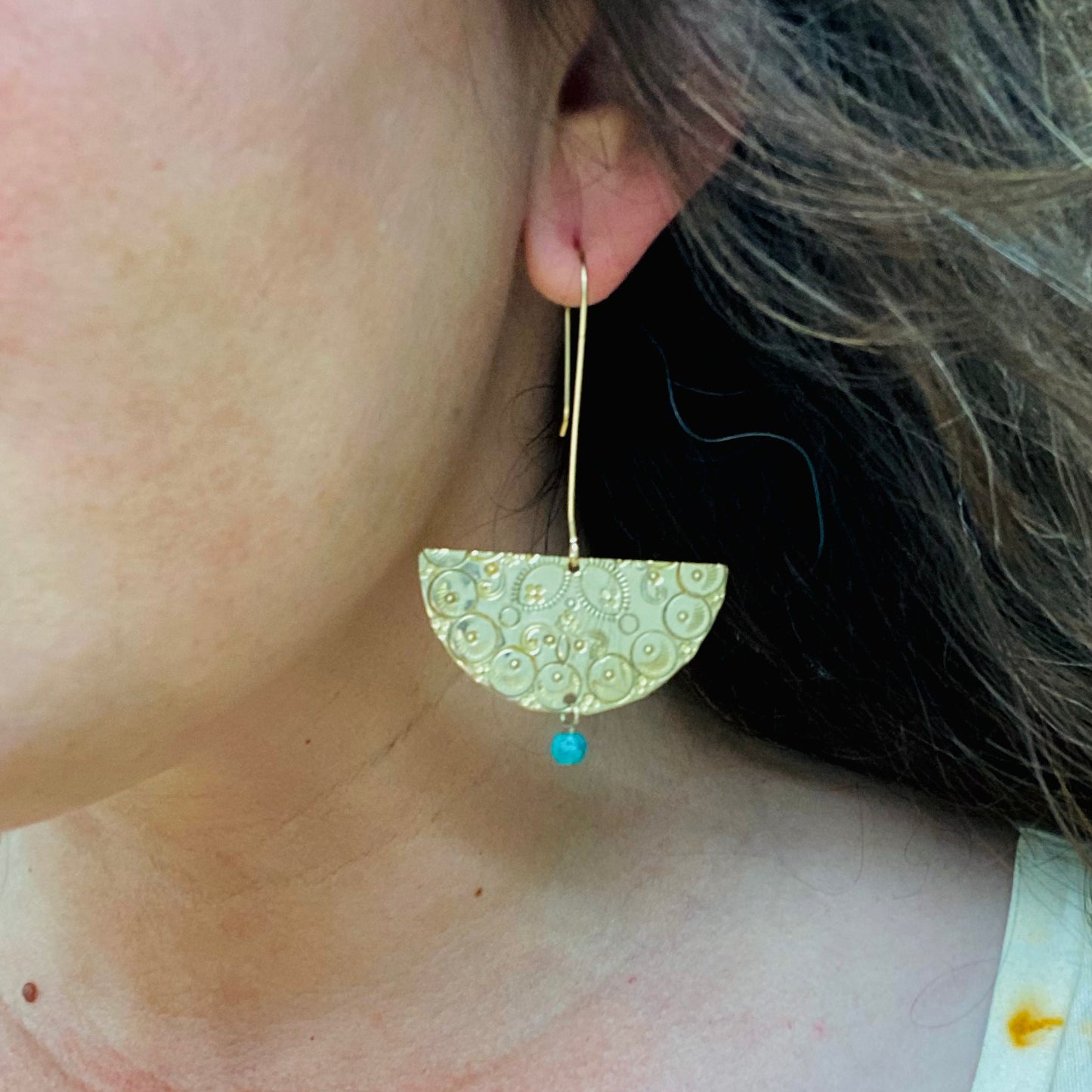 Stamped Half Mandala Earrings with Turquoise