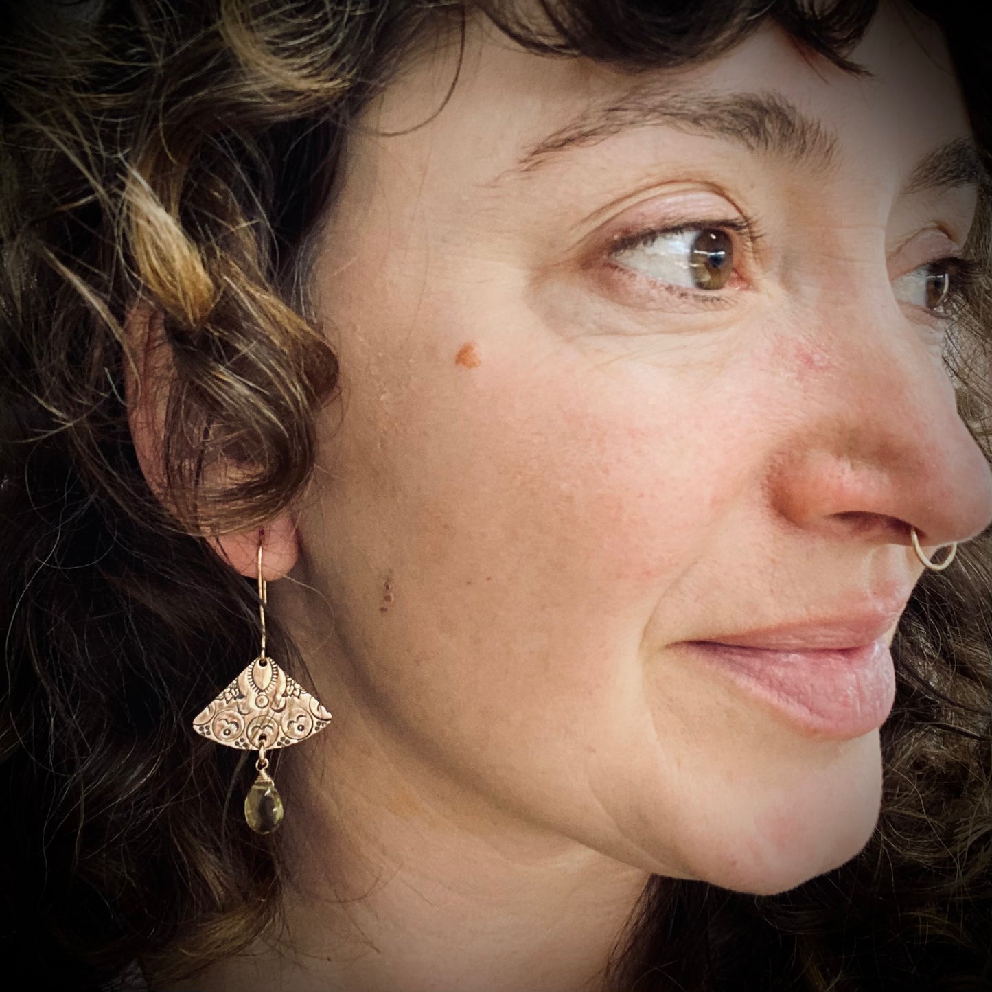 Stamped Golden Tear Drop Hammered Earrings