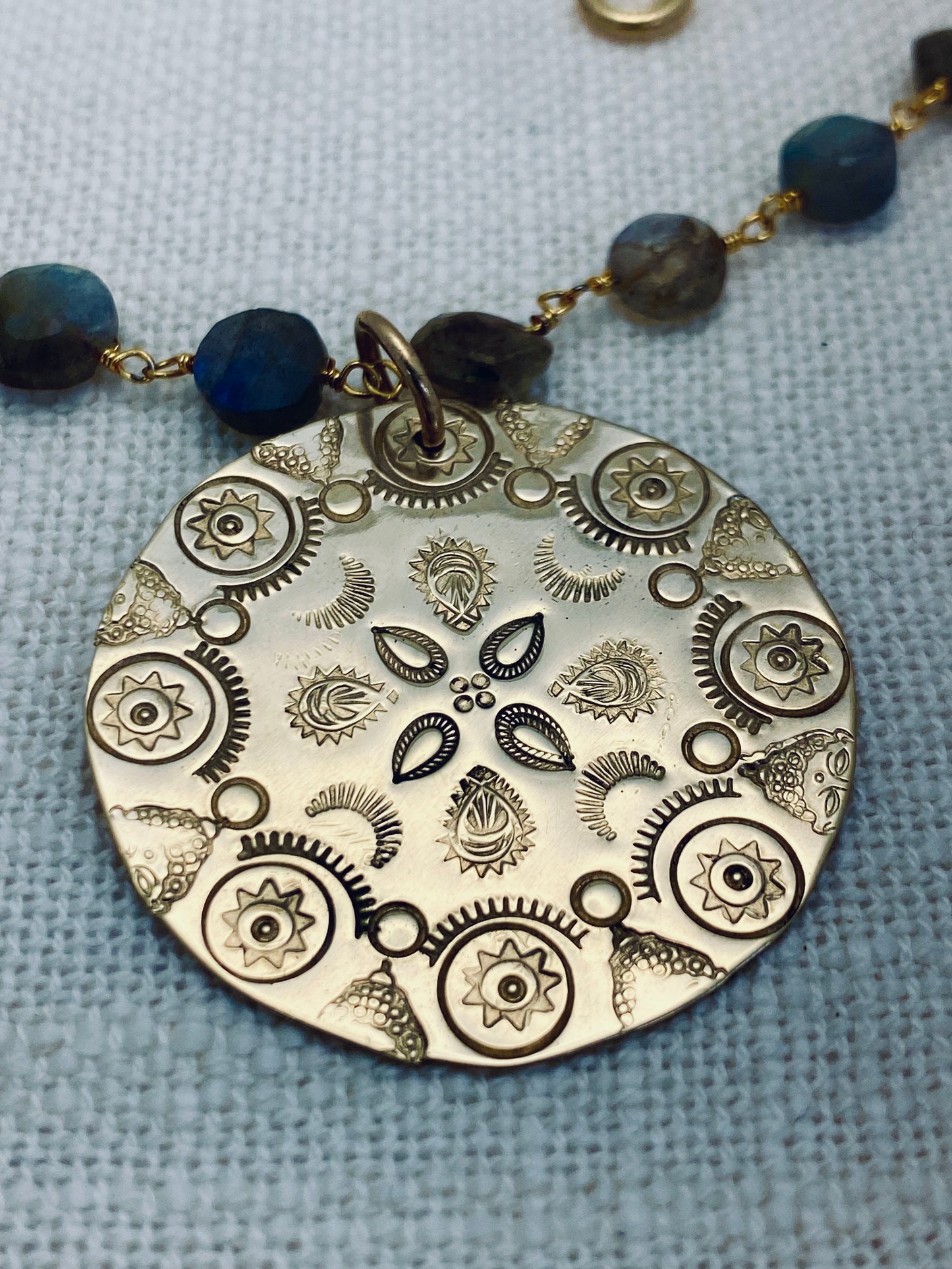 Stamped Golden Mandala Labradorite Necklace