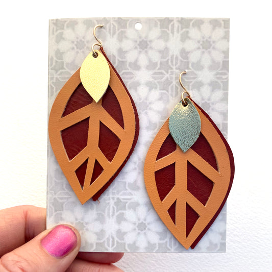 Peach and Brown Leather Layer Leaf Earrings