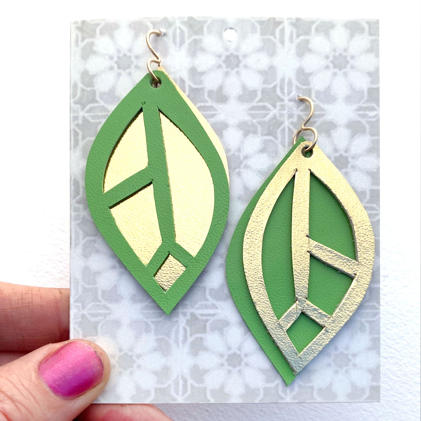 Lime Green and Gold Leather Layer Leaf Earrings
