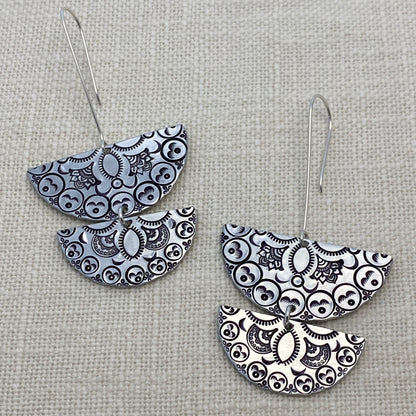 Double Half Stamped Mandala Earrings : Silver