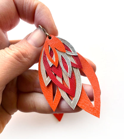 Orange Leather Layer Leaf Earrings