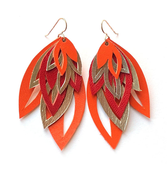Orange Leather Layer Leaf Earrings